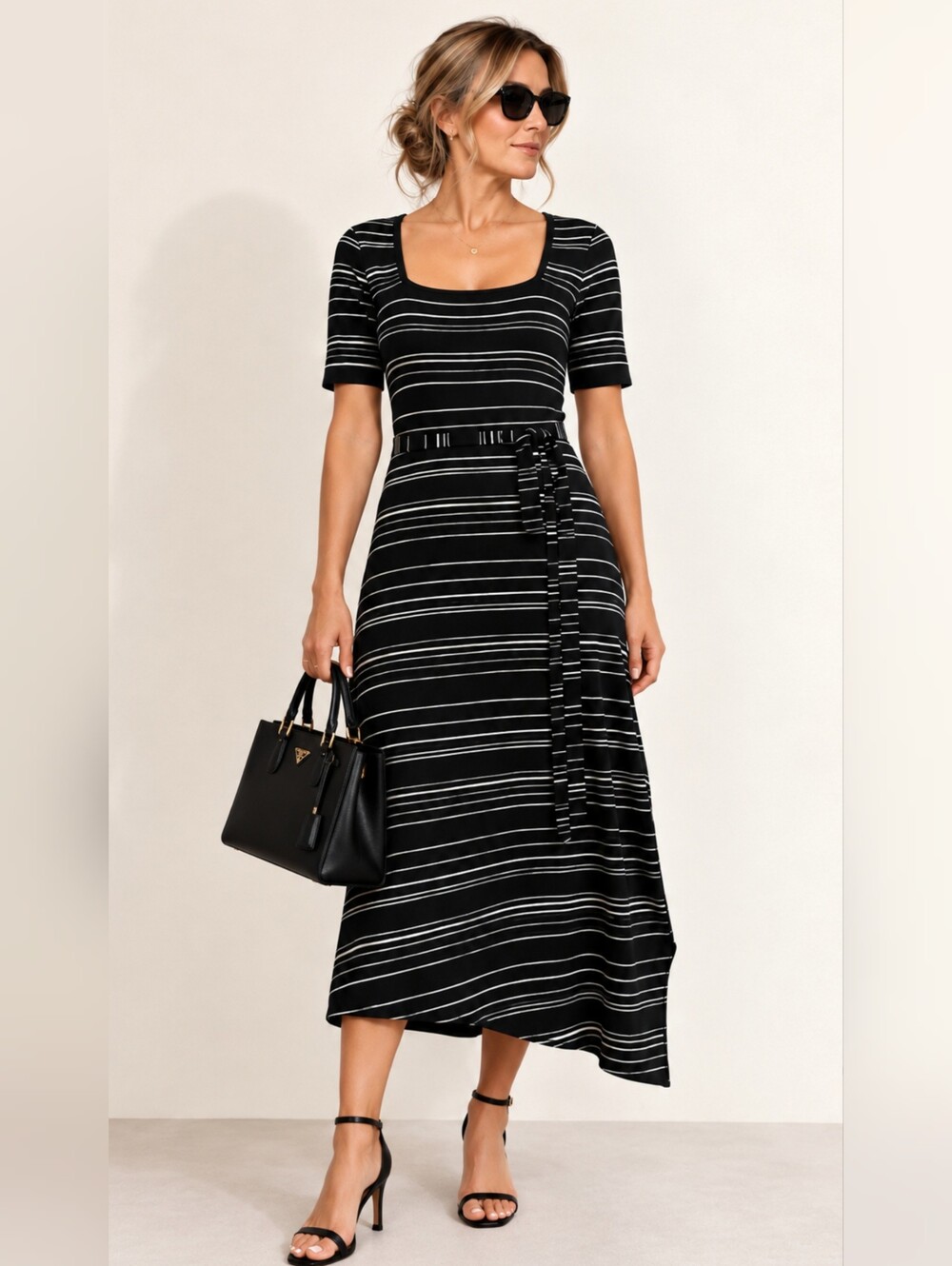 Club Monaco Striped Asymmetrical Belted Midi Dress Size S